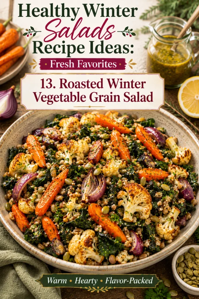 Healthy Winter Salads Recipe Ideas: Fresh Favorites featuring roasted carrots, cauliflower, red onion, farro, kale, pumpkin seeds, and lemon-herb dressing.