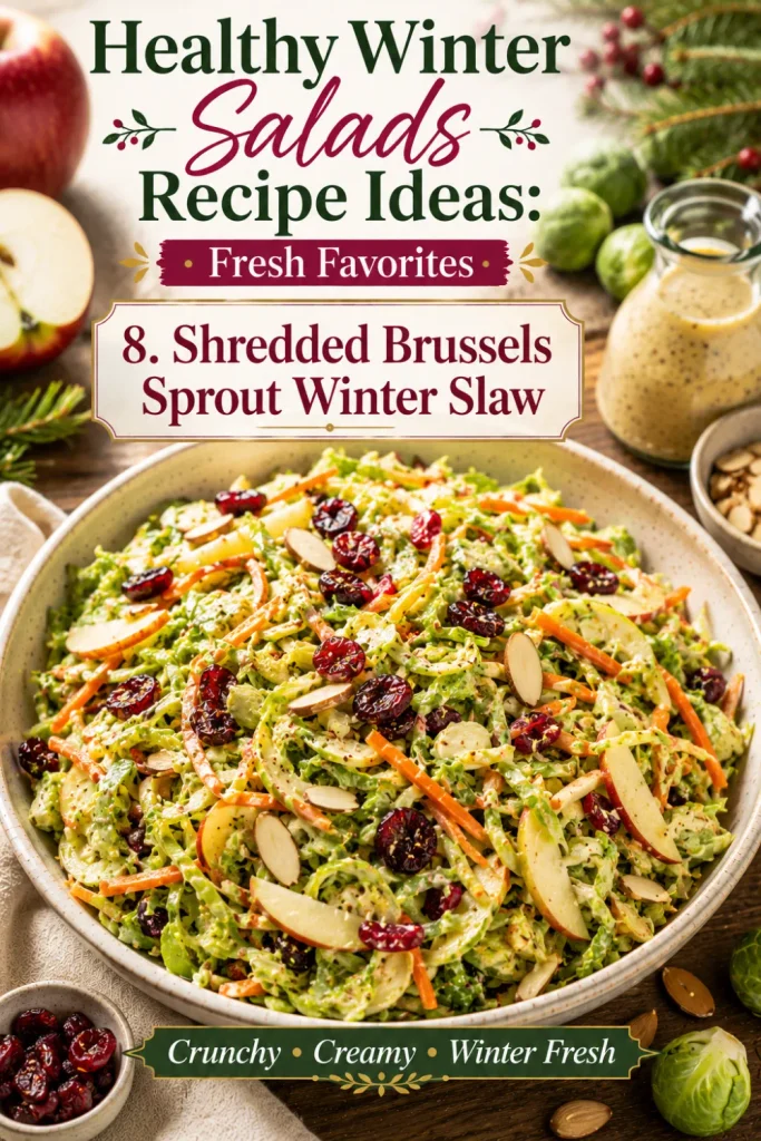 Healthy Winter Salads Recipe Ideas: Fresh Favorites featuring shredded Brussels sprouts, carrot, apple, almonds, dried cranberries, and mustard dressing.