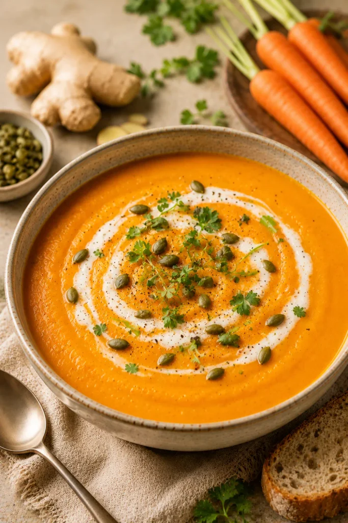 Vibrant carrot ginger soup with a smooth creamy texture, fresh ginger, herbs, and a modern winter presentation.