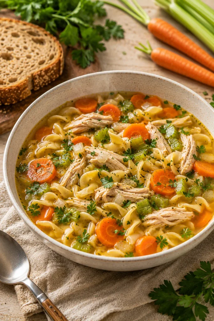 Healthy chicken noodle vegetable soup with tender chicken, noodles, carrots, celery, herbs, and warm broth.