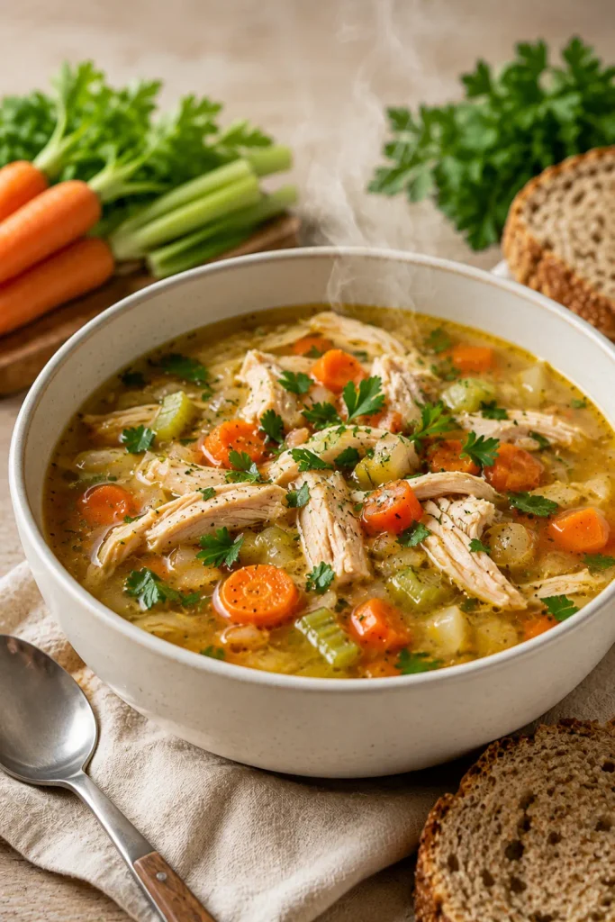 Healthy chicken and vegetable soup with tender chicken, carrots, celery, and herbs in a cozy winter setting.
