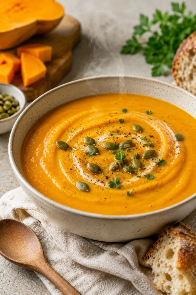 Creamy butternut squash soup garnished with herbs in a colorful modern winter Pinterest food setup.