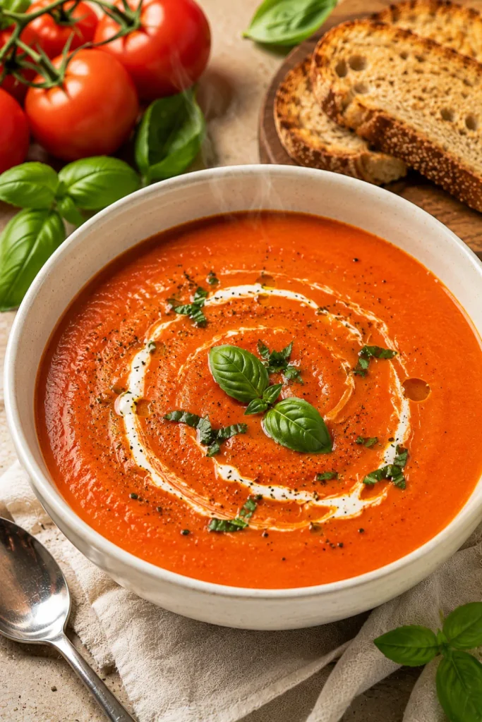 Creamy tomato basil soup with rich tomato flavor, fresh basil, smooth texture, and cozy modern winter presentation.