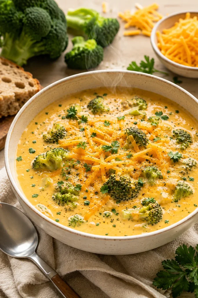 Healthy broccoli cheddar soup with tender broccoli, creamy cheddar broth, fresh garnish, and modern winter styling.