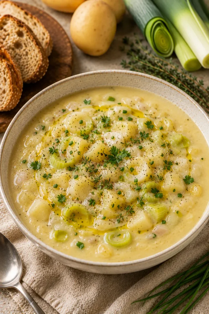 Healthy potato leek soup with tender potatoes, sautéed leeks, fresh herbs, creamy texture, and cozy winter styling.