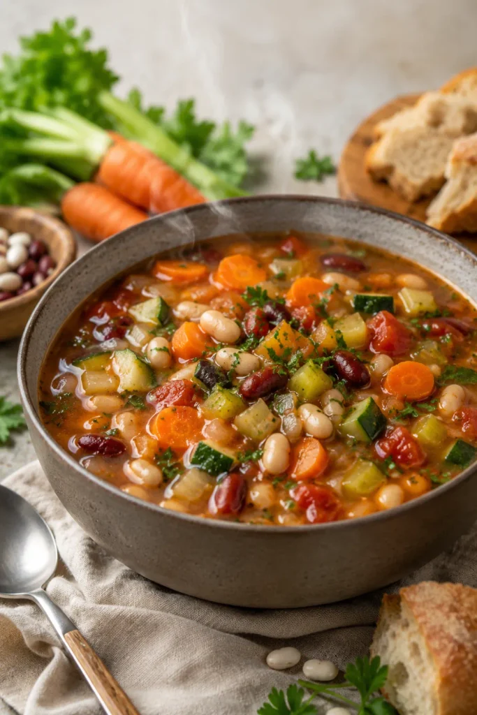 Healthy hearty vegetable and bean soup with colorful winter vegetables in a modern Pinterest food setting.