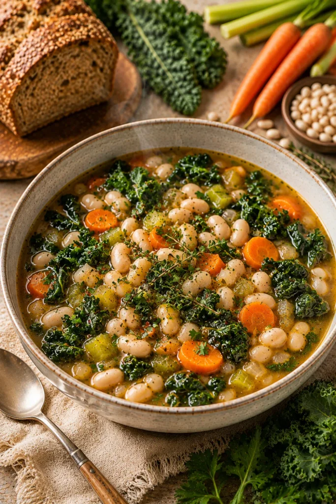 Kale and white bean soup with fresh greens, creamy white beans, vegetables, herbs, and flavorful winter broth.
