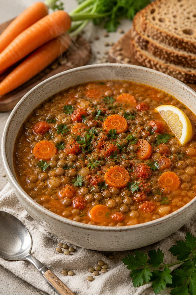 Protein-rich lentil and carrot soup with warm spices, bright carrots, and fresh herbs in a modern winter setting.