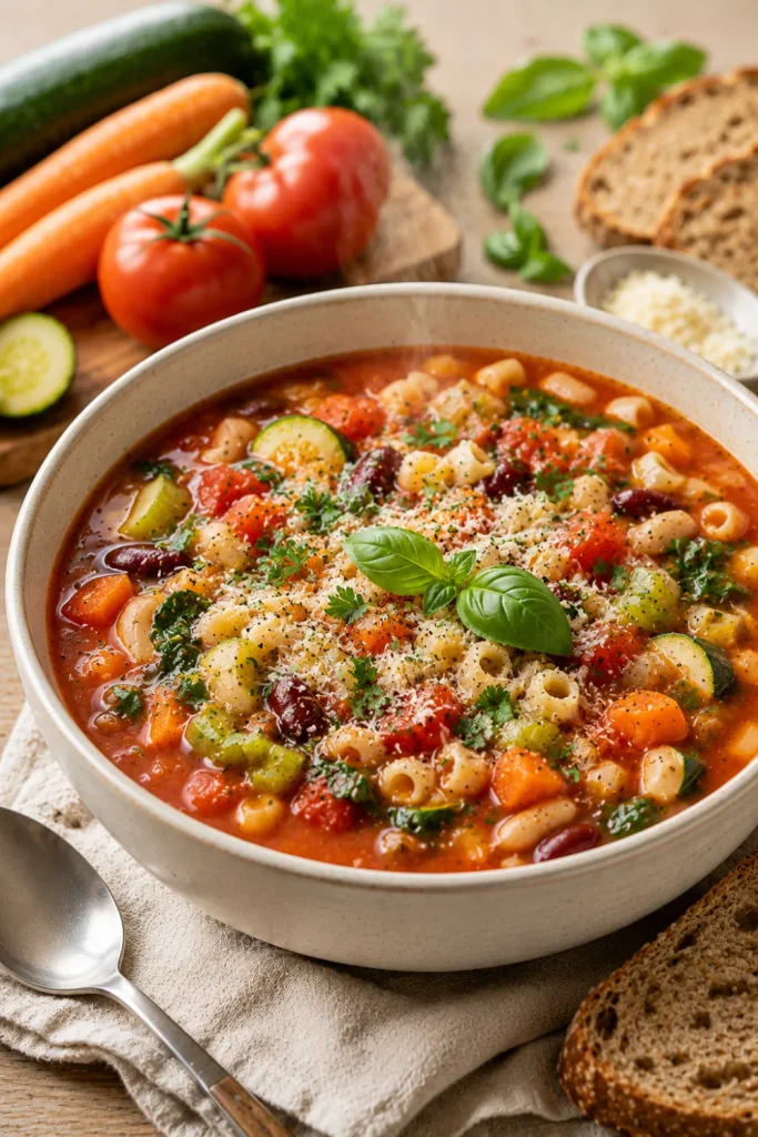 Colorful minestrone winter soup packed with vegetables, beans, pasta, herbs, and rich tomato broth.