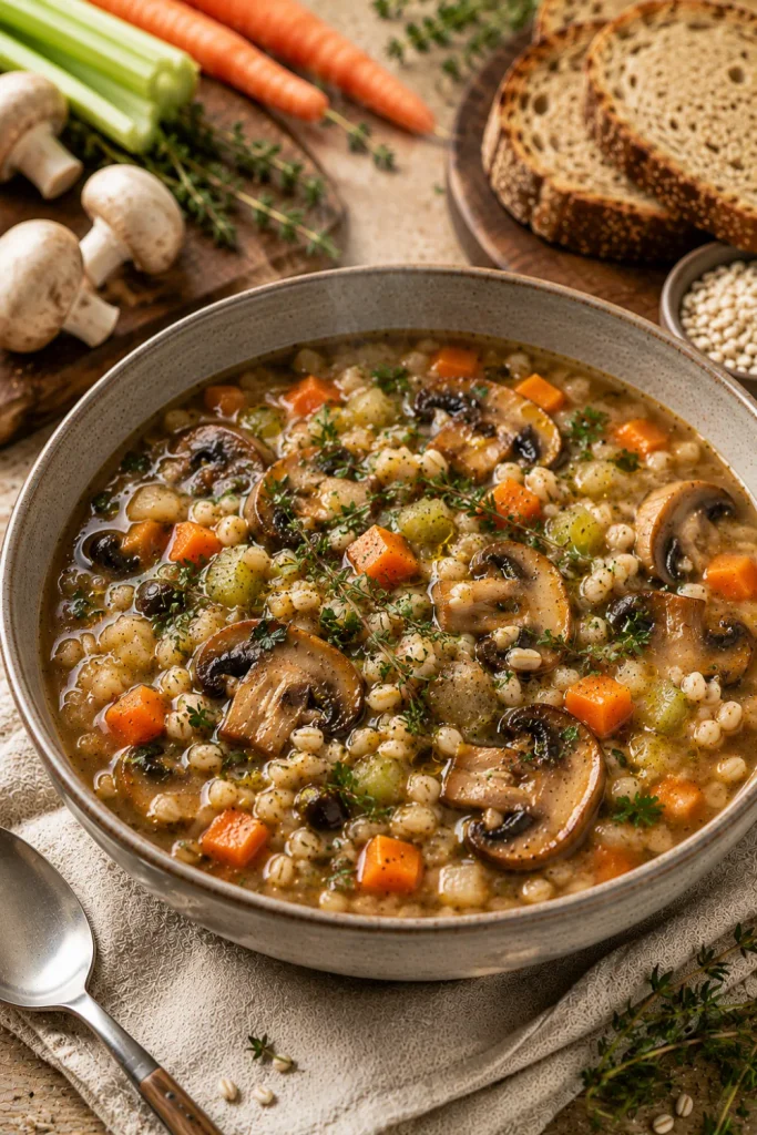 Mushroom and barley winter soup with earthy mushrooms, hearty barley, vegetables, herbs, and rich savory broth.
