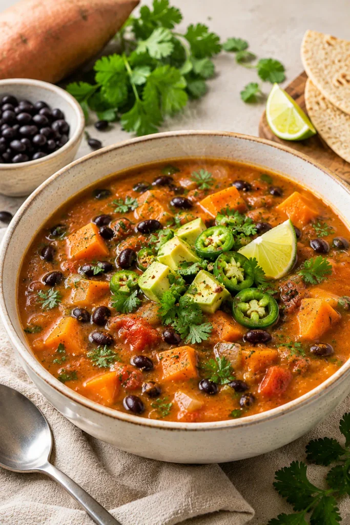 Sweet potato and black bean soup with creamy sweet potatoes, hearty black beans, herbs, and colorful winter garnish.