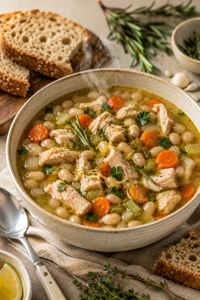 Turkey and white bean soup with vegetables, herbs, and creamy beans is styled as a modern healthy winter meal.