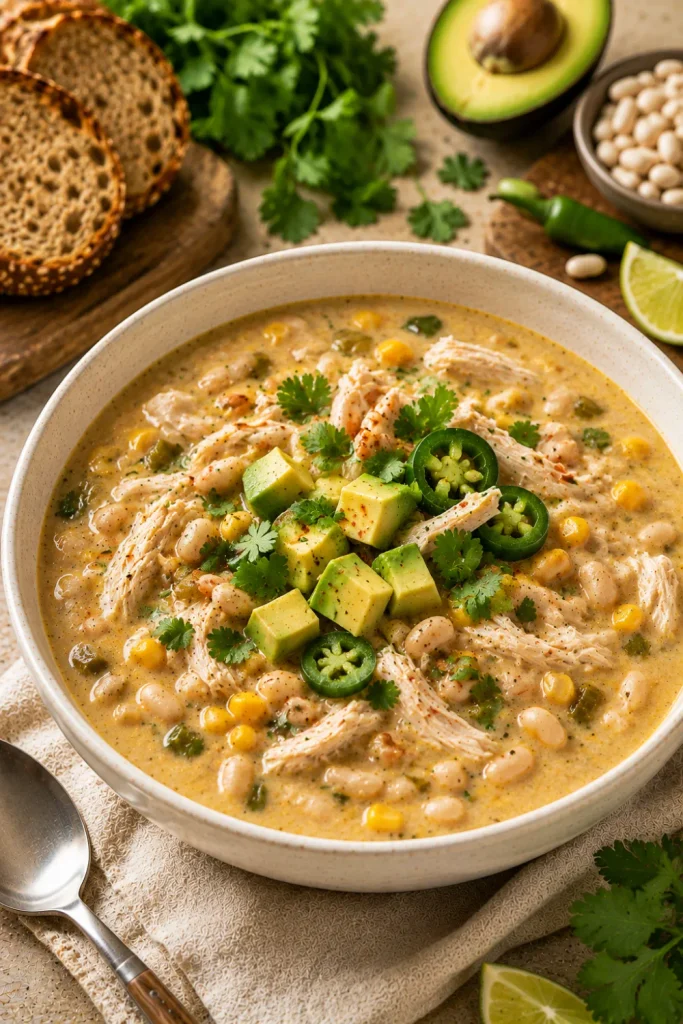 Creamy white chicken chili soup with shredded chicken, white beans, corn, green chilies, herbs, and fresh toppings.