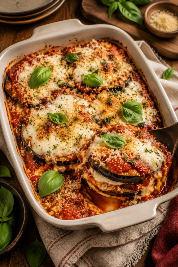 Golden baked eggplant Parmesan layered with marinara sauce, mozzarella, Parmesan, breadcrumbs, and fresh basil in a cozy winter vegetarian dinner setting.