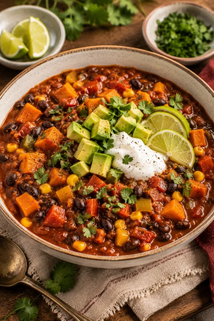 Hearty black bean and sweet potato chili with tomatoes, bell peppers, corn, avocado, lime, and fresh herbs in a modern winter dinner setup.