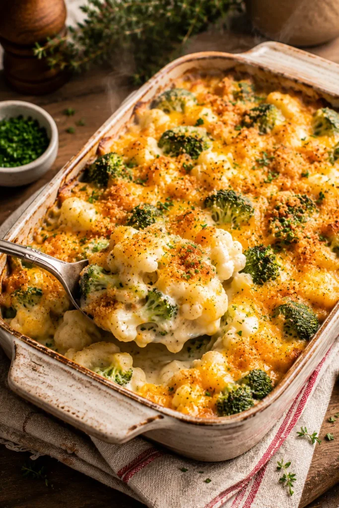 Golden broccoli, cheddar, and cauliflower bake with creamy cheese sauce and crisp breadcrumbs in a modern, cozy winter vegetarian dinner setting.