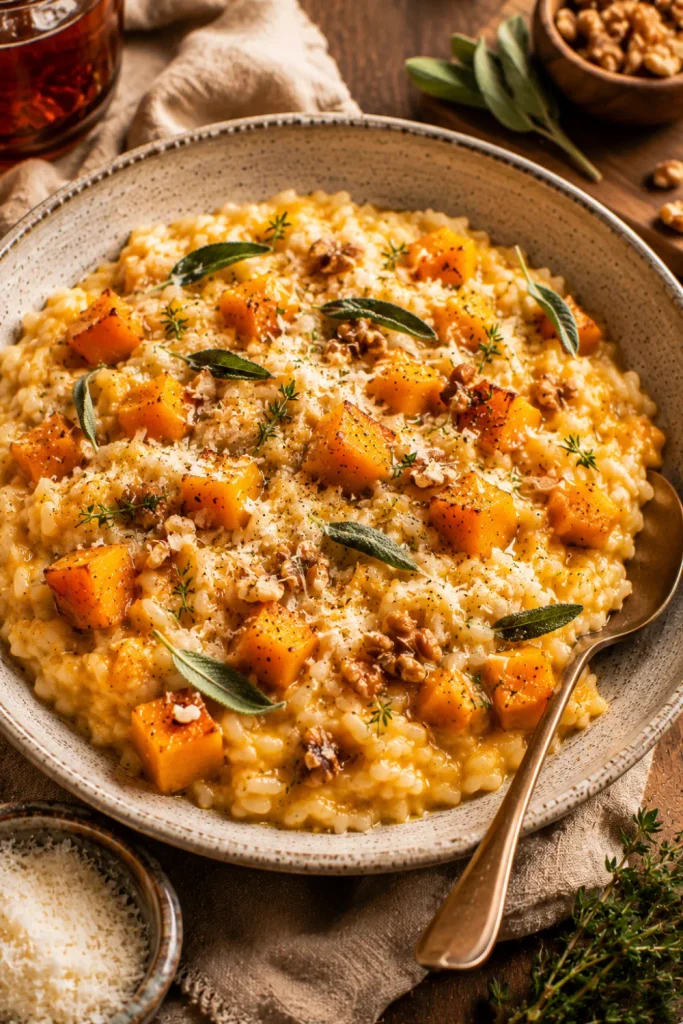 Creamy butternut squash risotto with Parmesan, roasted squash, sage, and toasted walnuts is styled in a modern cozy winter dinner setting.