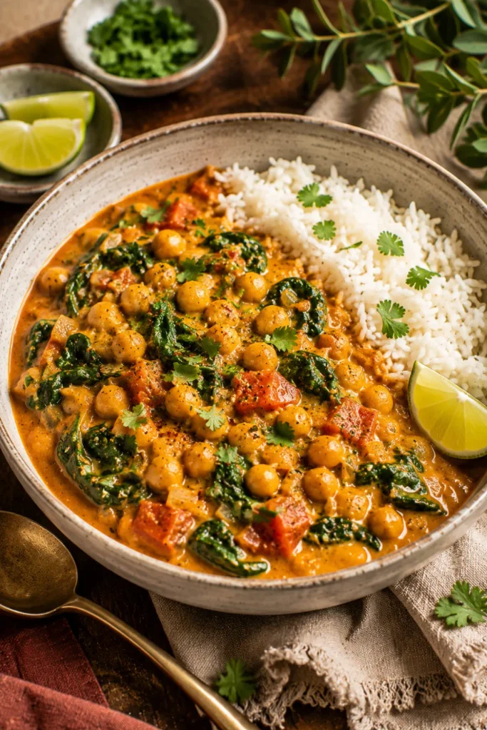 Creamy chickpea and spinach coconut curry with tomatoes, warming spices, fresh lime, and fluffy rice in a modern winter dinner setup.