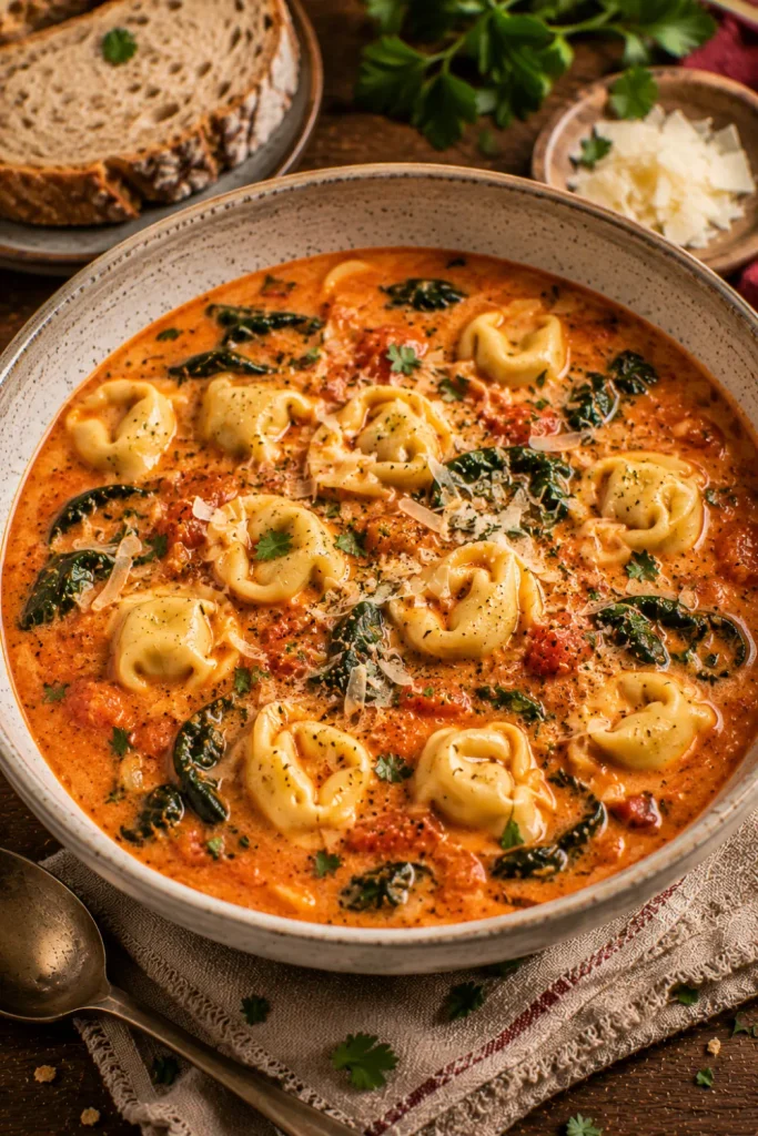 Creamy tomato tortellini soup with tender cheese tortellini, spinach, Parmesan, herbs, and rich tomato broth in a modern winter dinner setup.