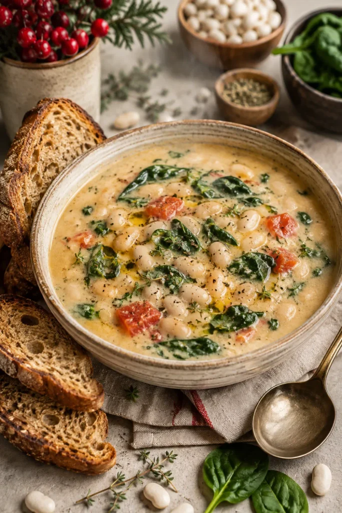 Creamy Tuscan white bean soup with spinach, tomatoes, herbs, and crusty whole-grain bread in a modern winter dinner setting.
