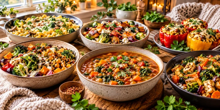 Healthy winter vegetarian dinner ideas featuring cozy roasted vegetables, hearty bean stew, colorful grain bowls, stuffed peppers, and comforting pasta served in a warm seasonal setting.