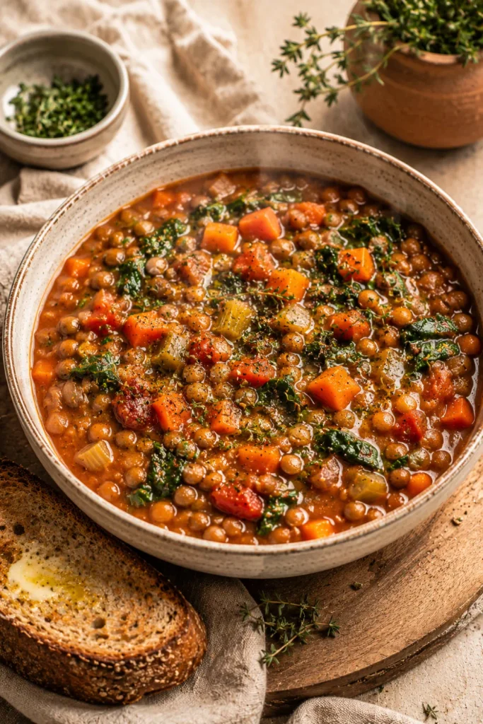 Hearty one-pot lentil and vegetable stew with carrots, celery, tomatoes, spinach, and herbs served as a cozy winter vegetarian dinner.