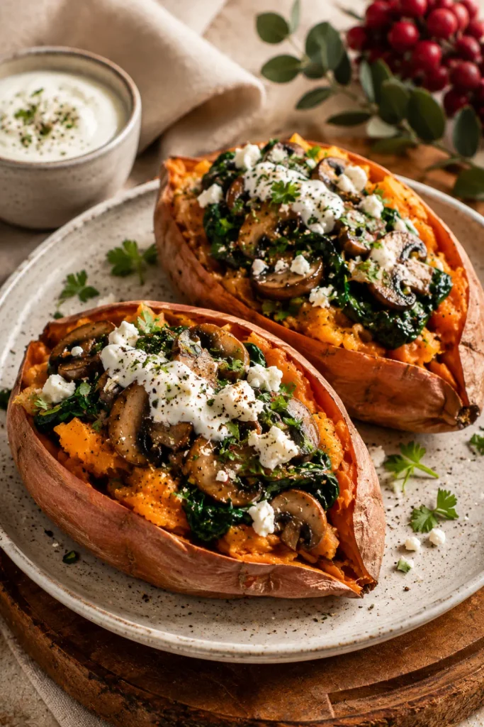 Baked sweet potatoes stuffed with garlicky mushrooms, spinach, feta, and fresh herbs in a colorful modern winter vegetarian dinner setup.