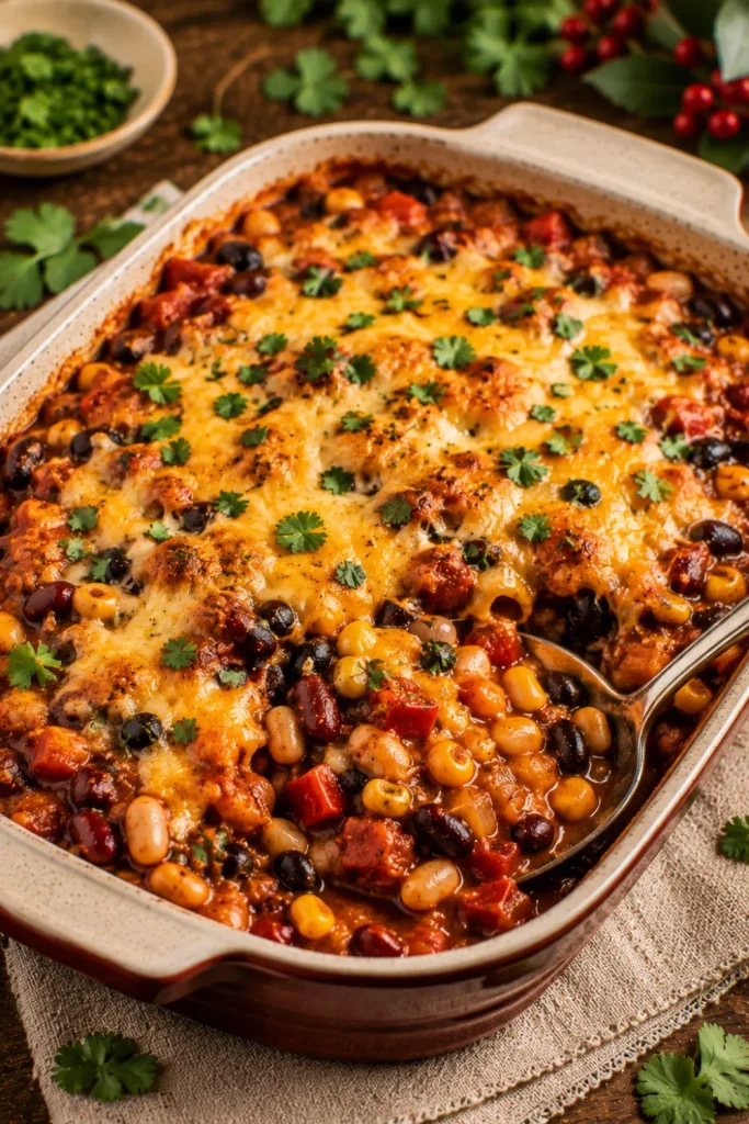 Three-bean vegetarian casserole with kidney beans, black beans, cannellini beans, tomatoes, peppers, corn, and melted cheese in a cozy winter dinner setup.