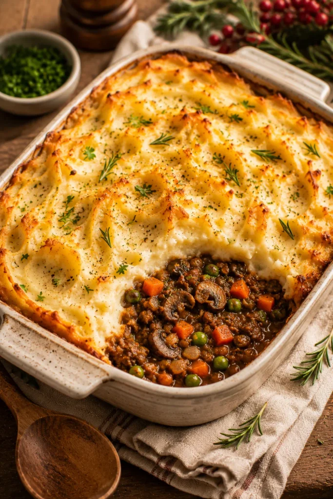 Golden vegetarian shepherd's pie with lentils, carrots, peas, mushrooms, and fluffy mashed potato topping served as a cozy winter dinner.