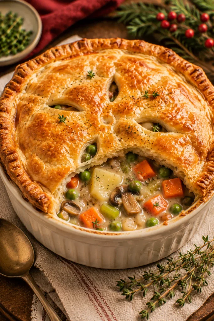 Golden flaky vegetable pot pie filled with carrots, peas, mushrooms, potatoes, and creamy herb gravy in a cozy winter vegetarian dinner setting.