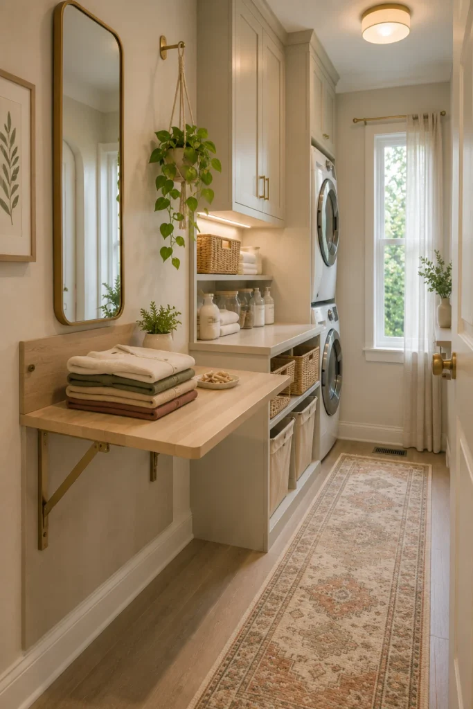 Narrow modern laundry room with a hinged folding table, slim cabinetry, sage and cream colors, woven baskets, and contemporary 2026 lighting.