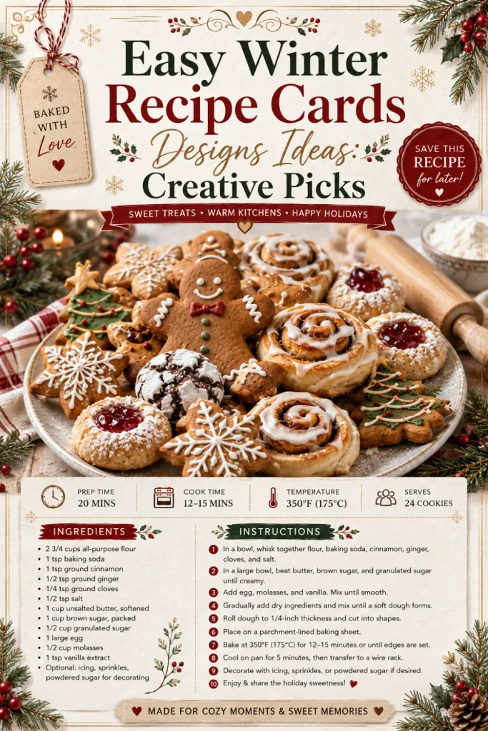 Holiday baking winter recipe card with festive cookies and pastries, elegant lettering, seasonal details, and practical recipe sections.