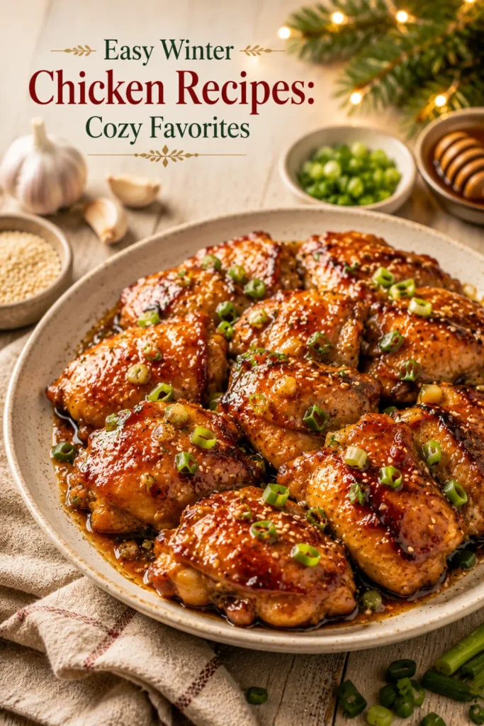 Juicy honey garlic chicken with a glossy sweet-savory glaze, sesame seeds, and green onions, photographed in a modern winter food setting.