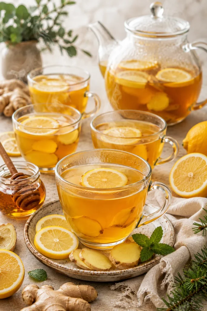 Warm honey lemon ginger tea with fresh ginger, lemon slices, and honey served in elegant cups for winter entertaining.
