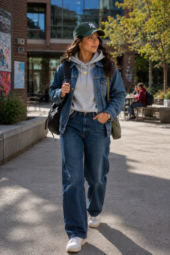 A trendy casual winter student outfit featuring a hoodie, denim jacket, wide-leg jeans, and modern sneakers in a contemporary school setting.