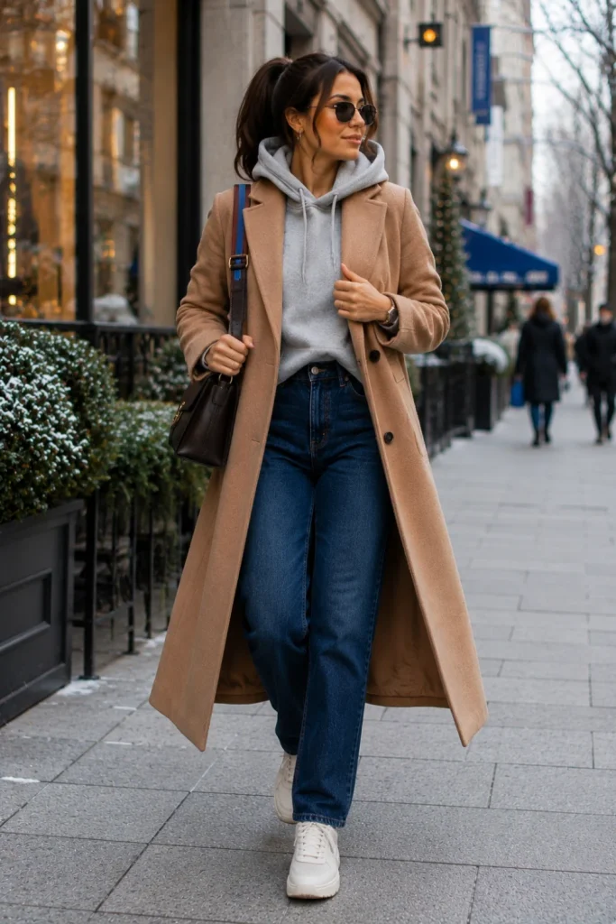 Chic 2026 casual winter outfit featuring a soft gray hoodie, long camel wool coat, straight-leg jeans, sneakers, and minimalist accessories.