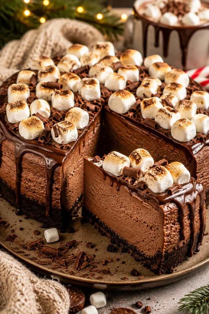 Hot chocolate marshmallow winter cheesecake with rich chocolate filling, toasted marshmallows, chocolate drizzle, and cookie crust.