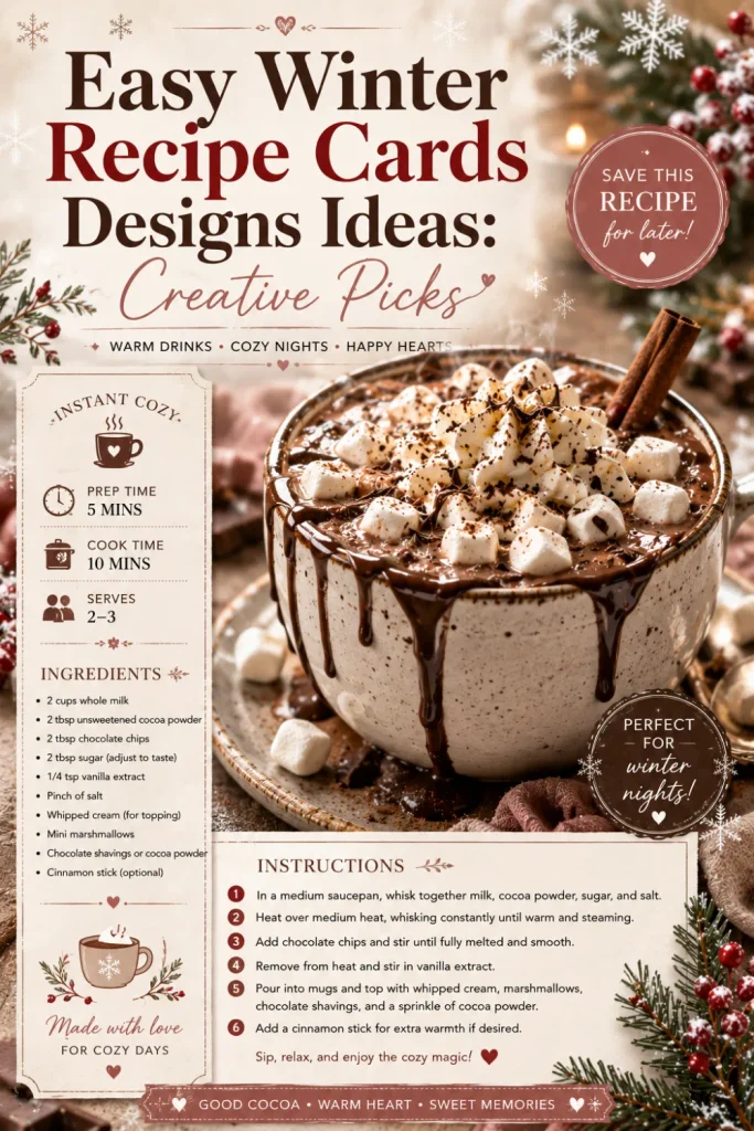 Hot cocoa winter recipe card with rich cocoa photography, marshmallows, snowy accents, and a cozy modern café-inspired design.