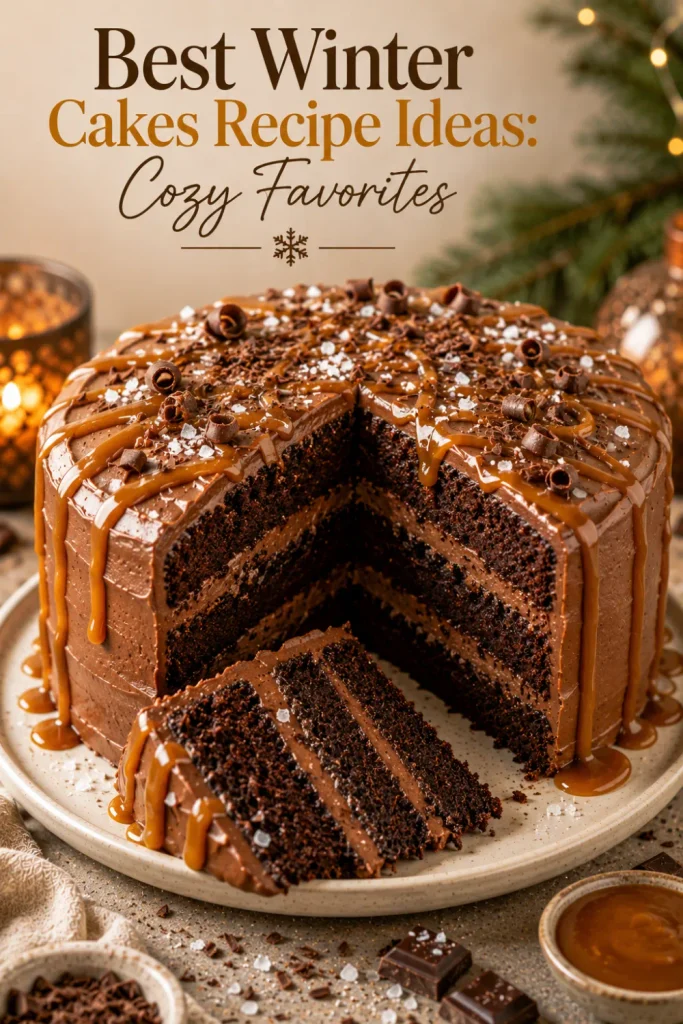 Indulgent chocolate cake covered with creamy frosting, salted caramel drizzle, and flaky sea salt for Best Winter Cakes Recipe Ideas: Cozy Favorites.
