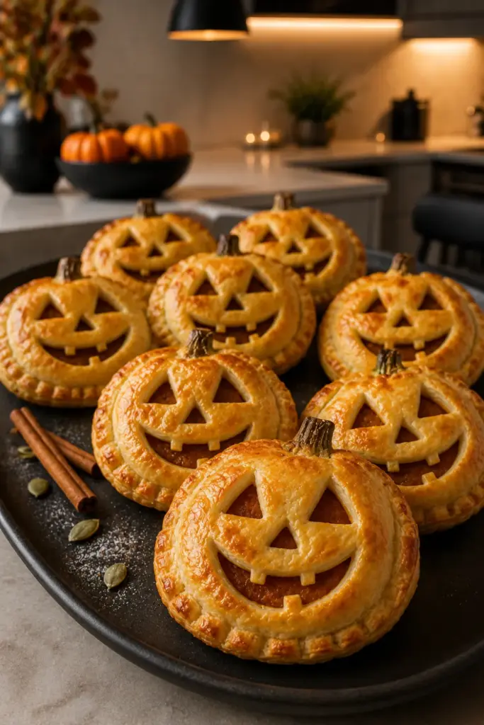 Jack-O-Lantern empanadas made with flaky puff pastry and spiced pumpkin puree, featuring carved pumpkin faces.