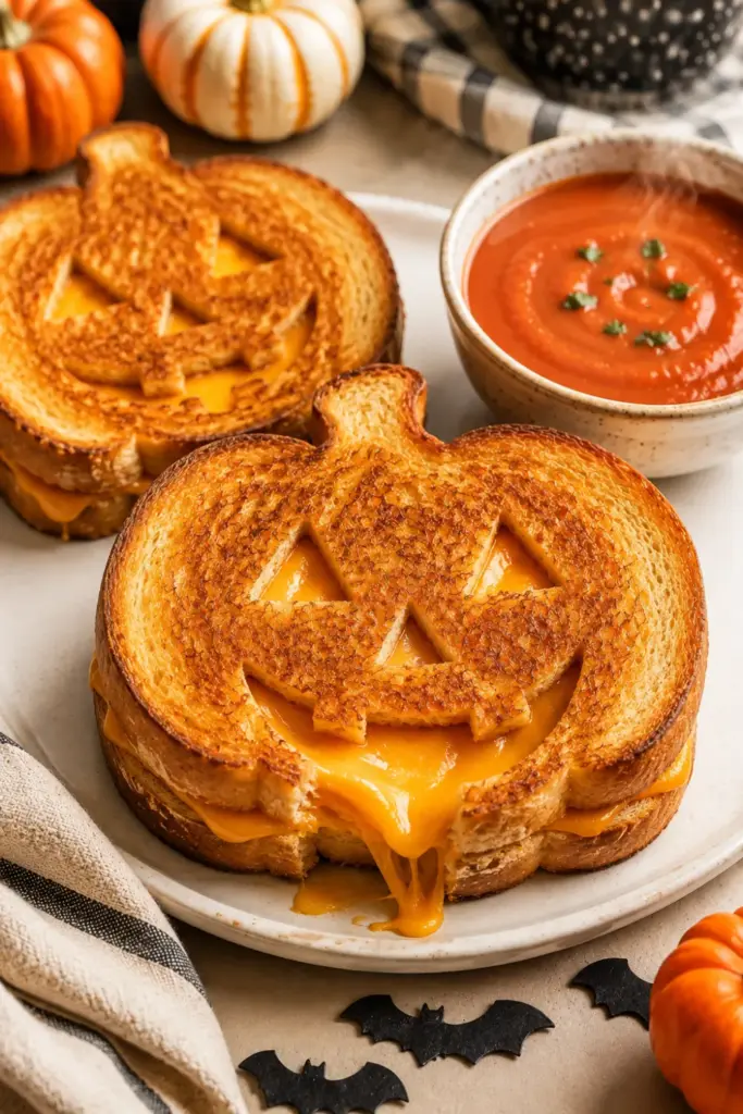 Easy Halloween Lunch Recipe Ideas: Fun Favorites featuring a golden pumpkin-shaped grilled cheese sandwich with a carved jack-o’-lantern face.