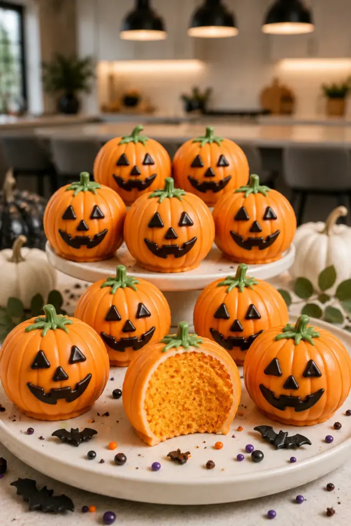Jack-o'-lantern orange cake balls decorated with pumpkin faces and green stems on a colorful modern Halloween dessert table.