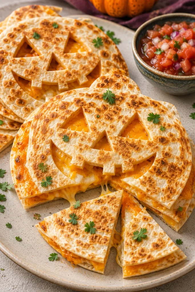 Golden Jack-O'-Lantern Quesadillas filled with melted cheese and cut into fun pumpkin faces for a kid-friendly Halloween lunch.
