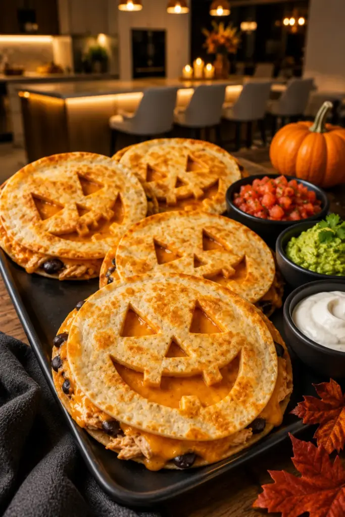 Crispy jack-o'-lantern quesadillas filled with melted cheese for an easy Halloween dinner recipe.