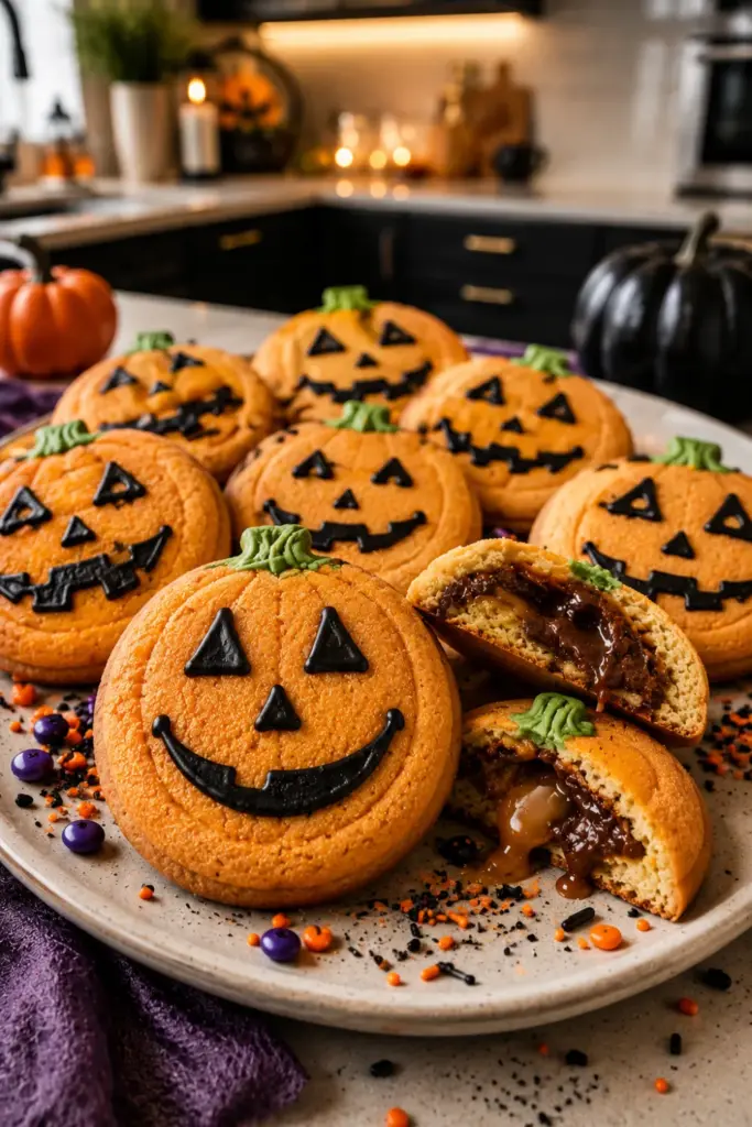 Jack-O'-Lantern Stuffed Cookies with orange pumpkin faces, sweet-filled centers, and festive Halloween decorations.