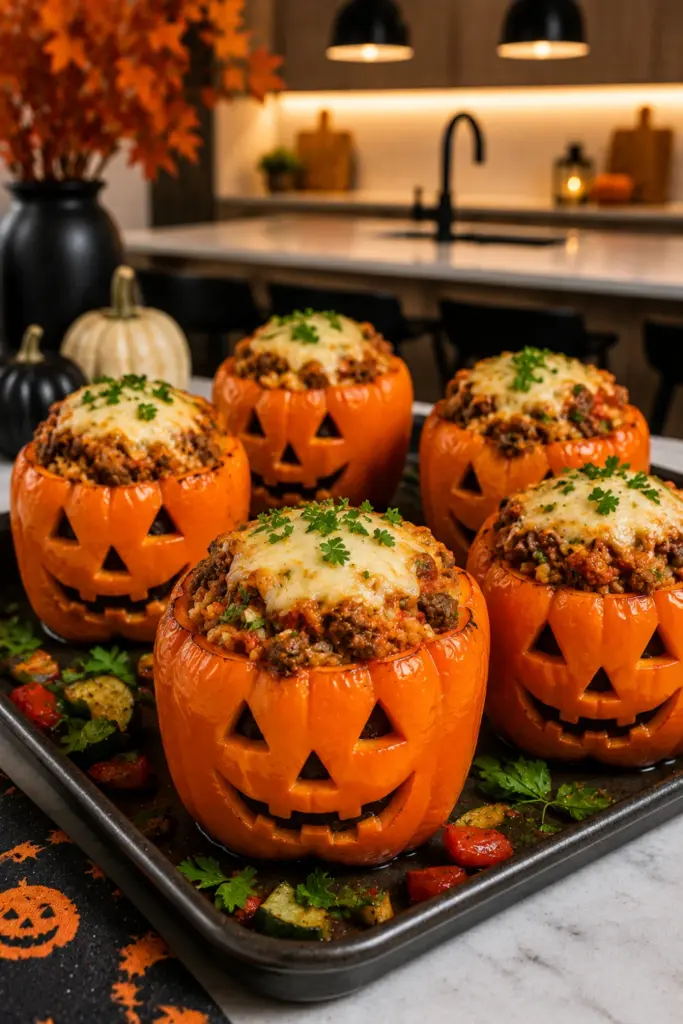 Jack-o'-lantern stuffed peppers filled with seasoned rice, meat, and melted cheese on a modern Halloween dinner table.
