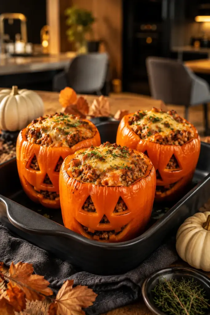 Orange jack-o'-lantern stuffed peppers filled with savory turkey and rice for Halloween dinner.