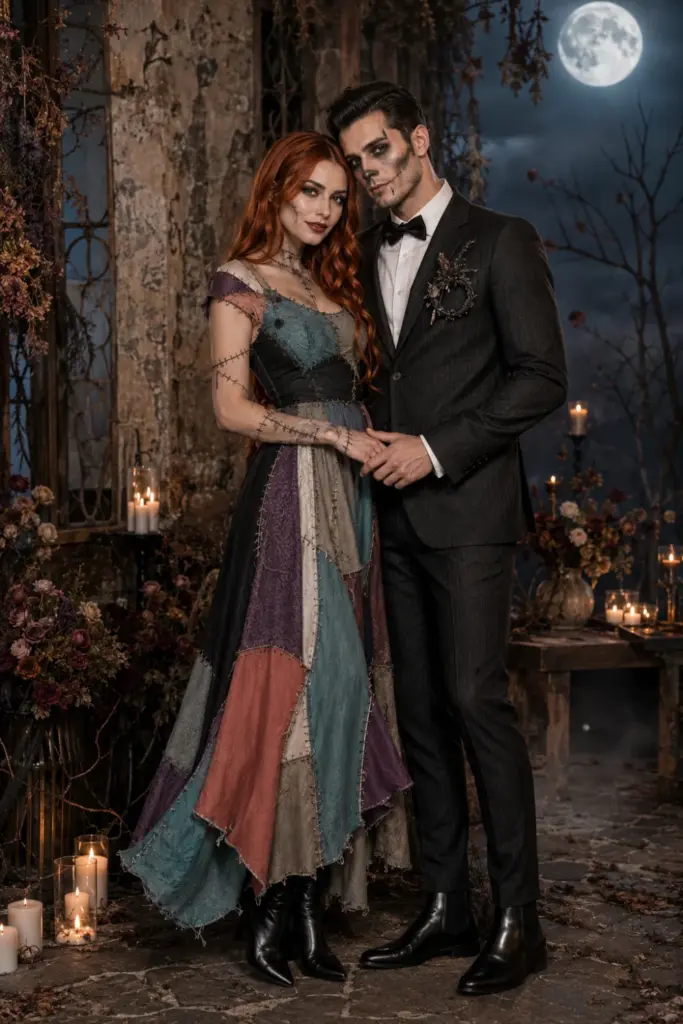 A contemporary spooky romantic Halloween couple wearing a tailored black formal suit and colorful patchwork-inspired dress with modern makeup and styling.