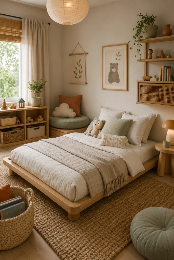 Japandi kids' bedroom with natural wood, linen bedding, woven textures, soft beige tones, and calming modern decor.