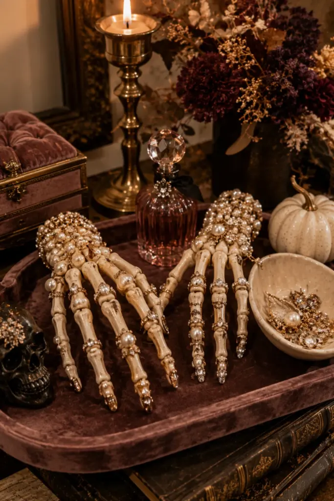 Elegant jeweled skeleton hands embellished with pearls and rhinestones on a velvet tray with candles and gothic décor for Best Halloween Aesthetic Design Ideas for Every Home.